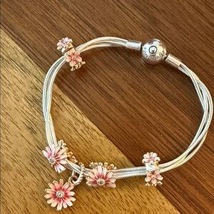 Pandora Silver Bracelet with Pink Floral Charms